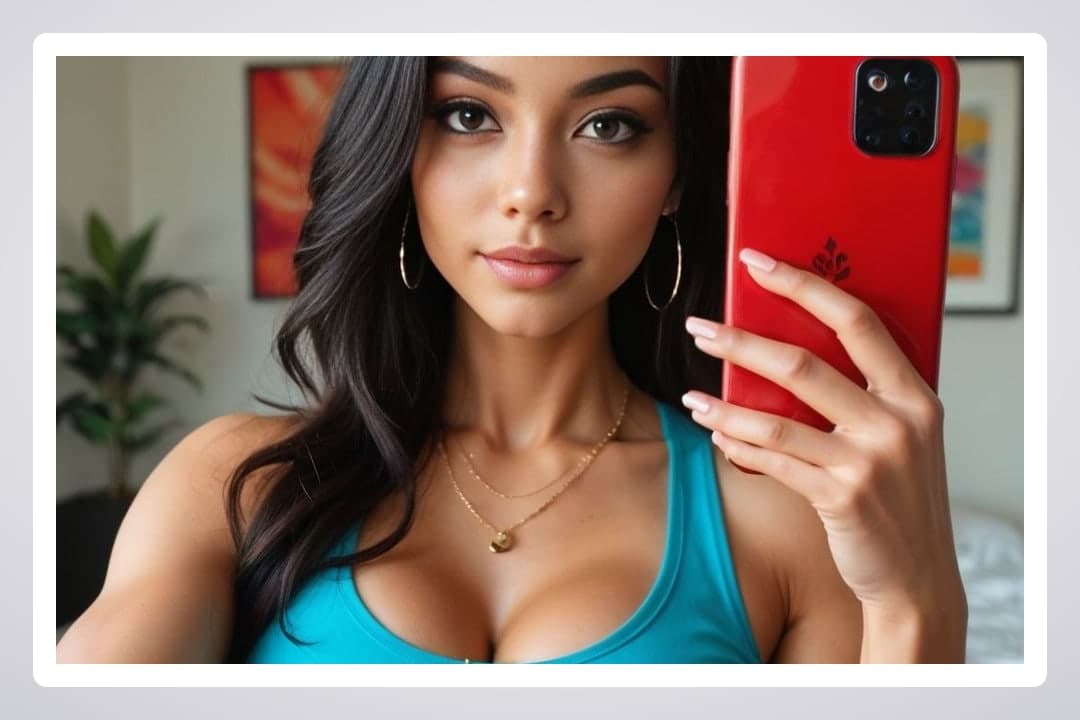 Cleavage selfie in turquoise tank