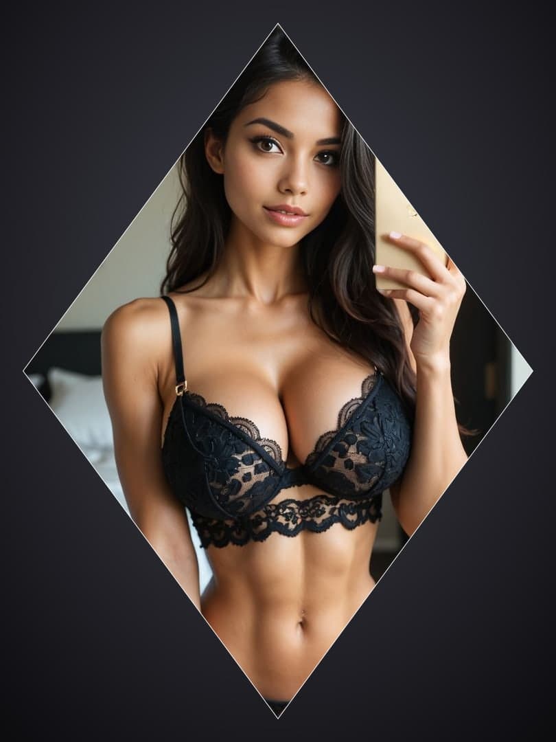 Raven hair selfie in black lace bra