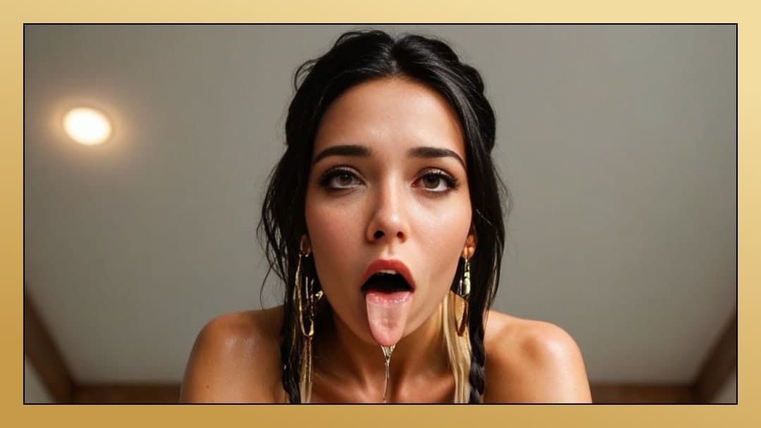 Nude topless tongue out indoors