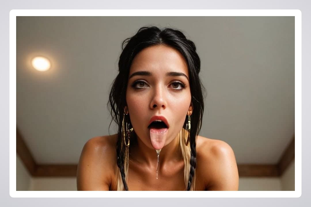 Braided raven hair cum on tongue