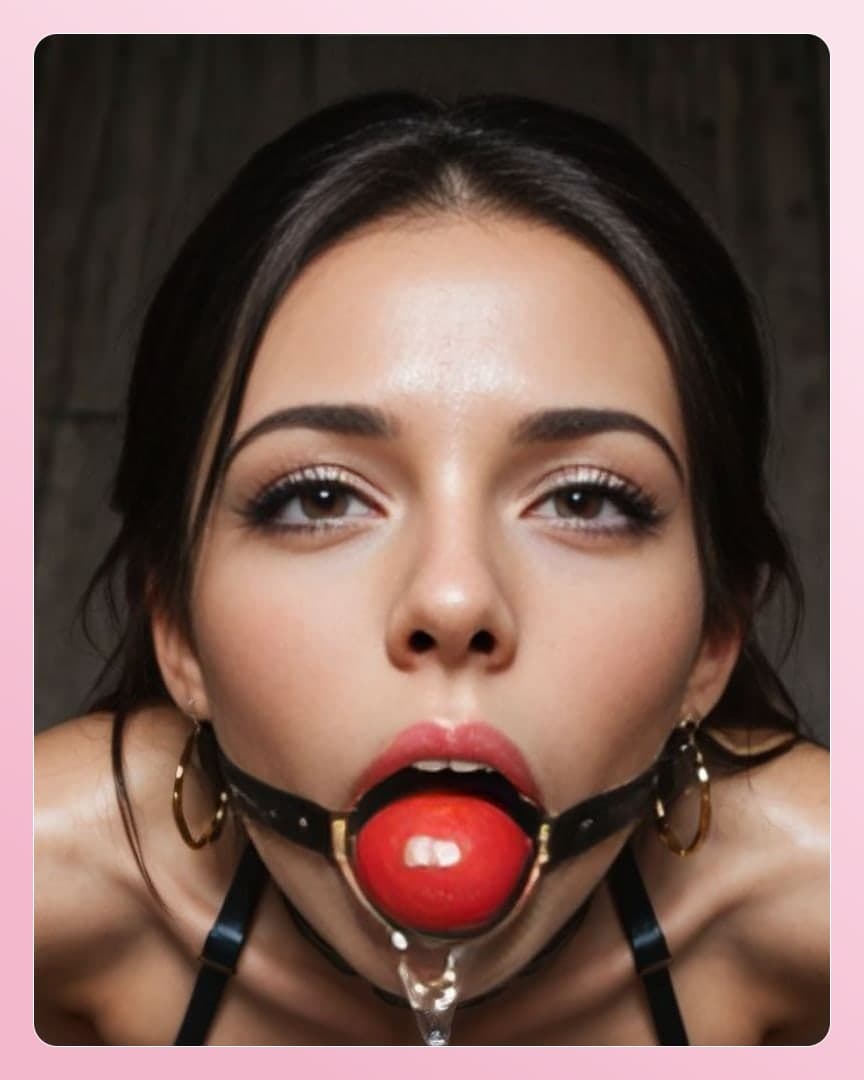 Red ball gag drool close-up