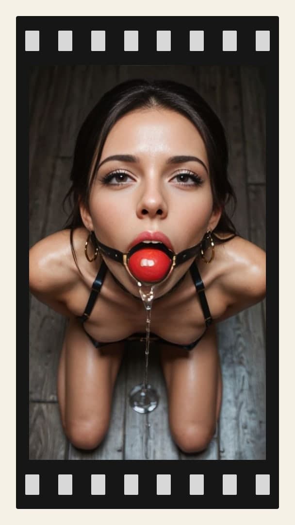 Young adult red ball gag kneel