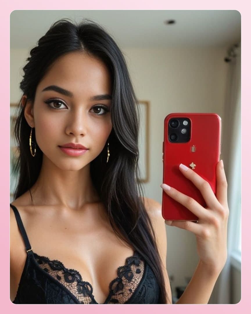 Black lace bra selfie indoors