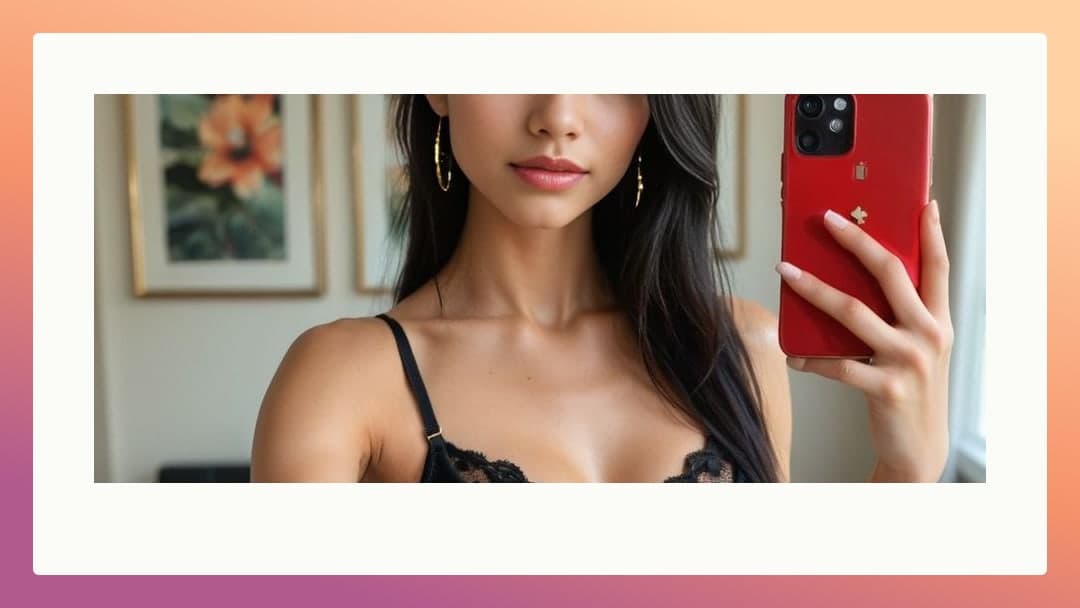 Young adult selfie in black lace bra