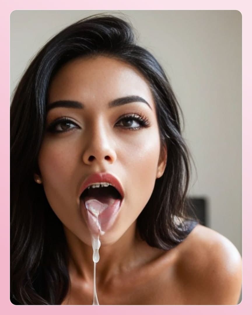 Slim asian cum on tongue