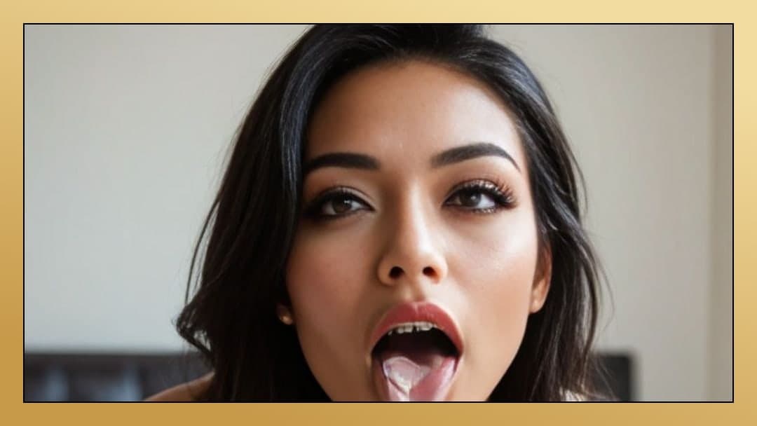 Young adult cum on tongue close-up