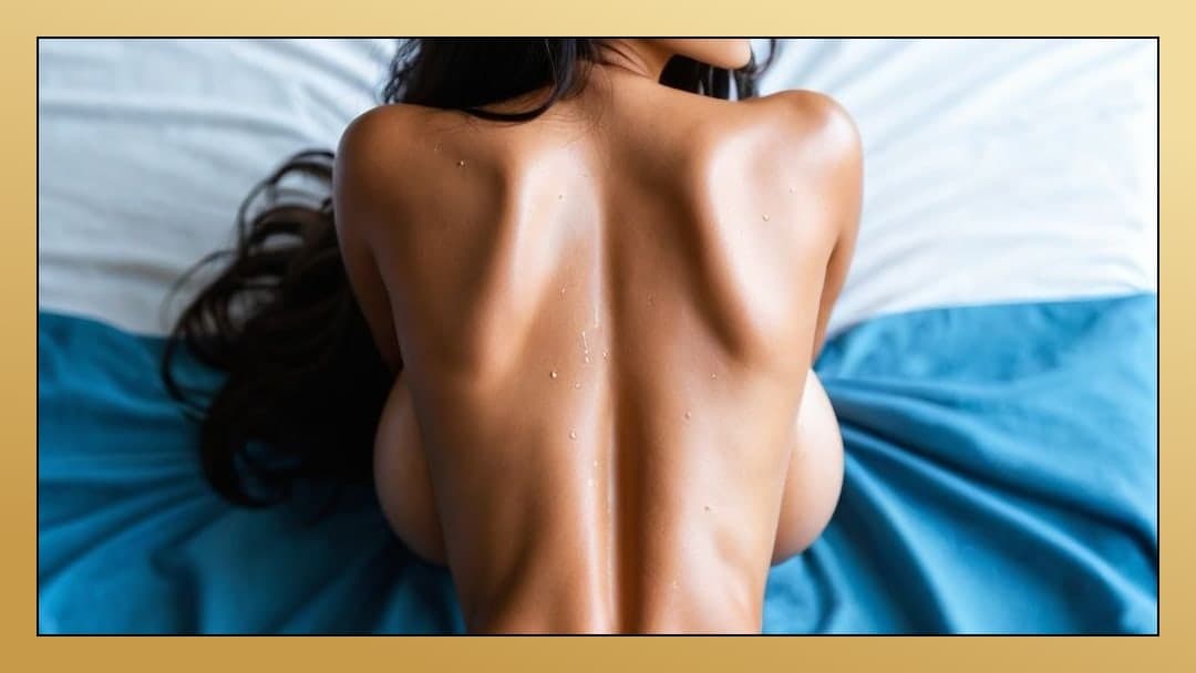 Raven hair glistening on blue sheets