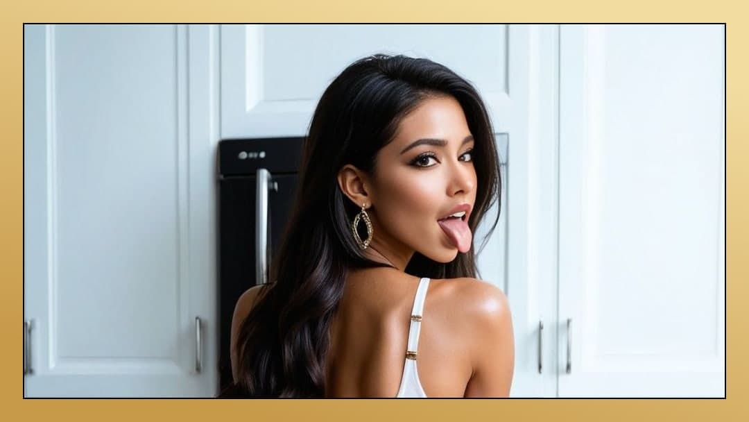 Kitchen selfie tongue out back view