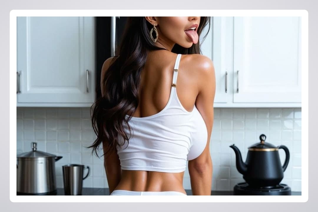 Young adult in kitchen teasing