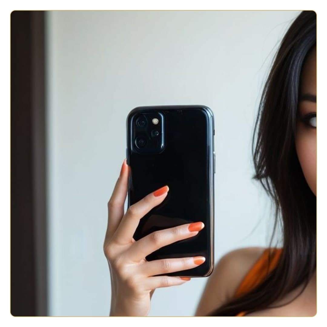 Orange nails mirror selfie close-up