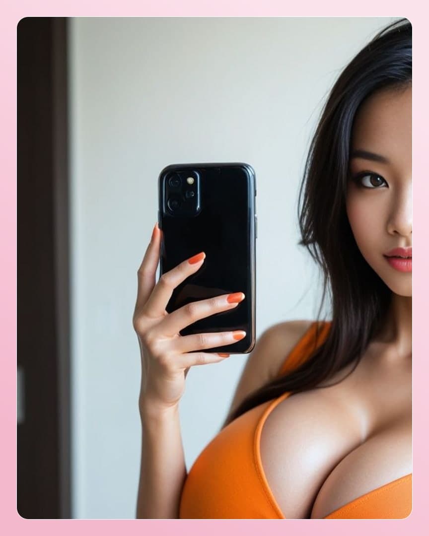 Raven hair selfie in orange top