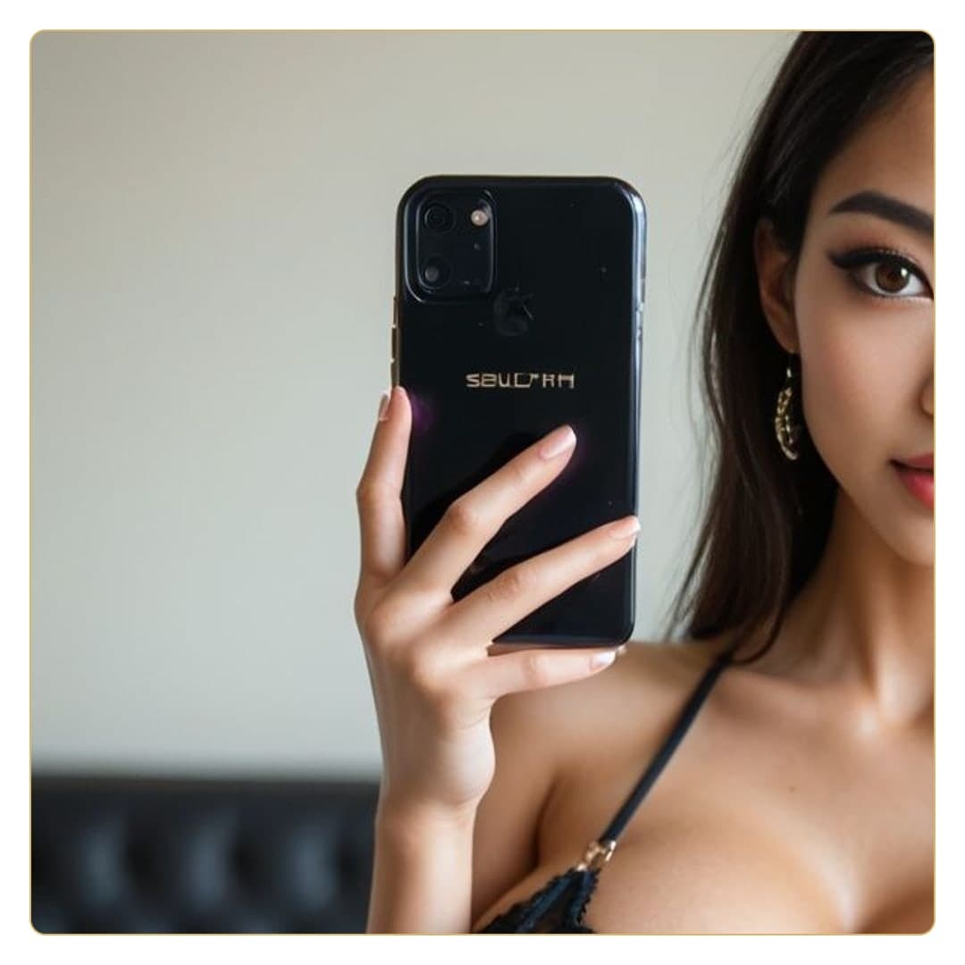 Close-up selfie in black lace bra