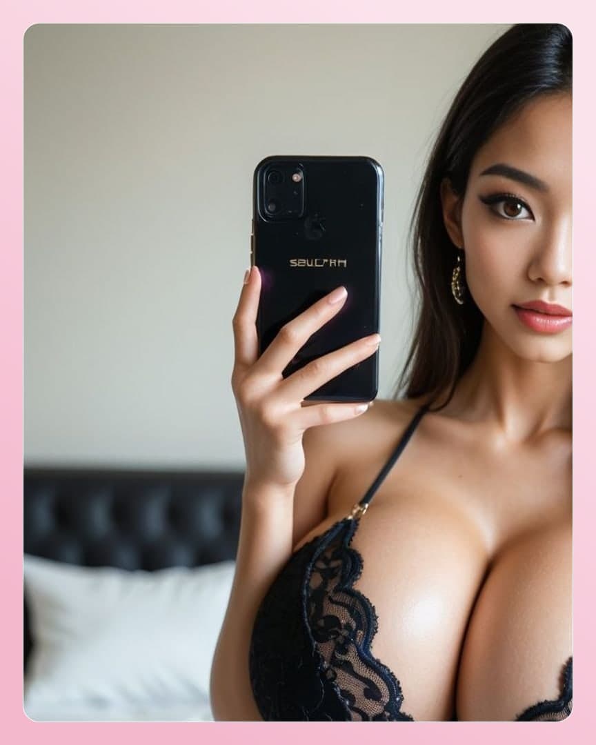 Raven hair selfie in lace bra