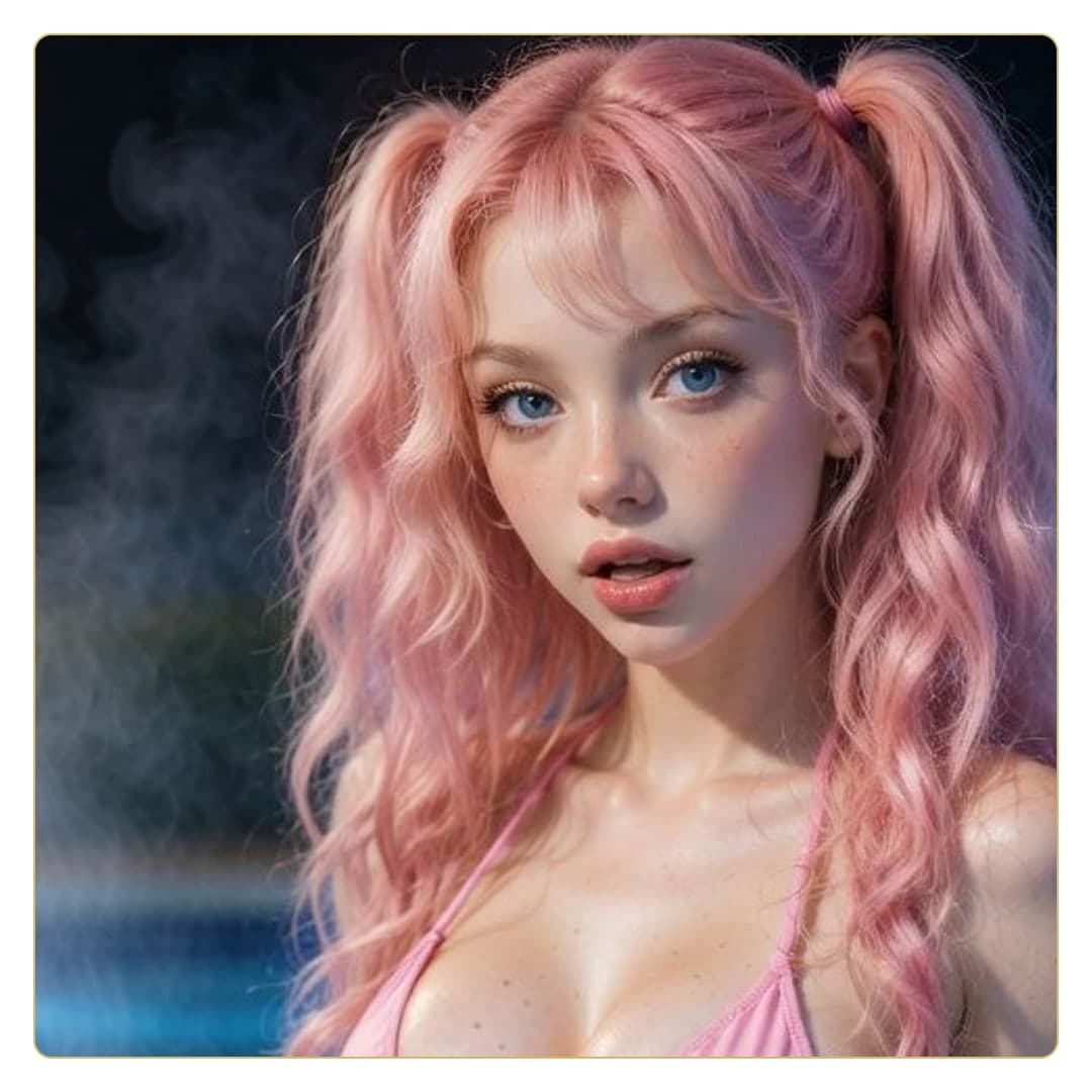 Pink pigtails bikini poolside close-up