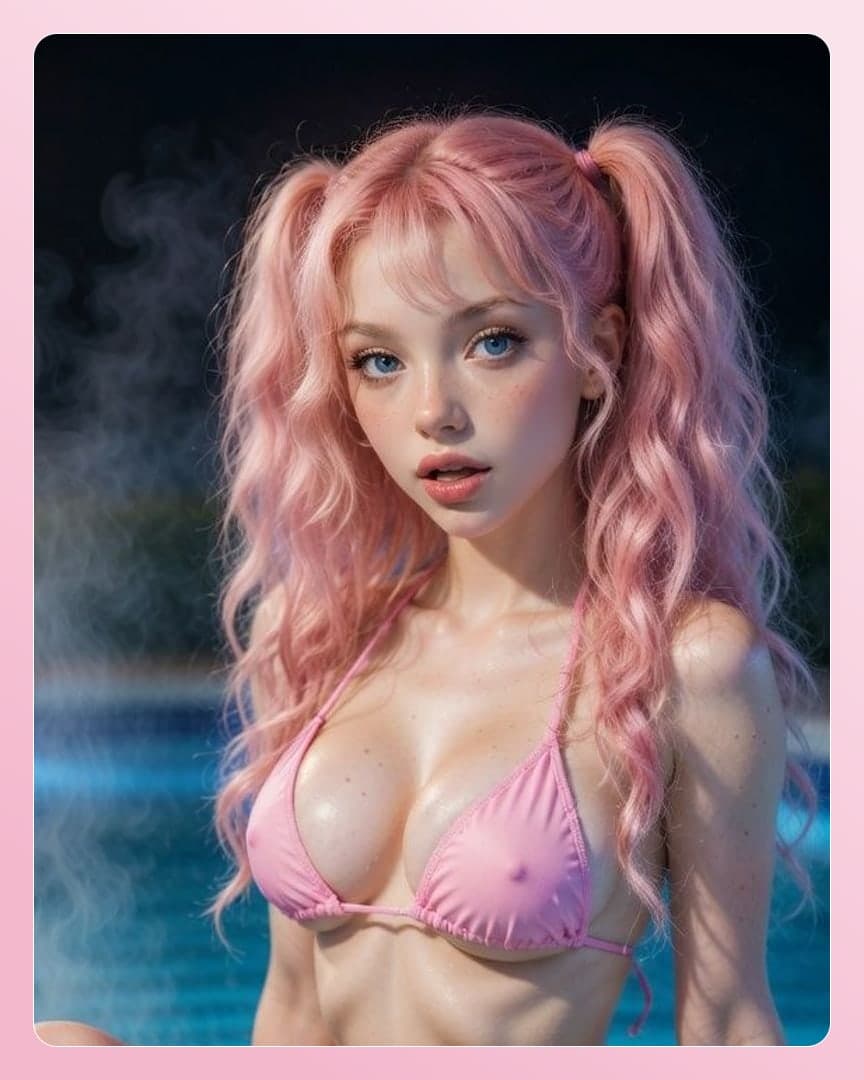 Blue eyed pink pigtails pool portrait