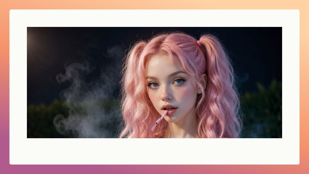 Pink pigtails topless vape at night
