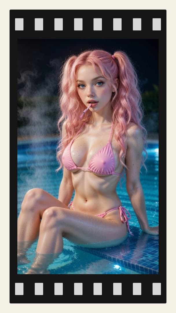 Pink bikini pool lollipop at night