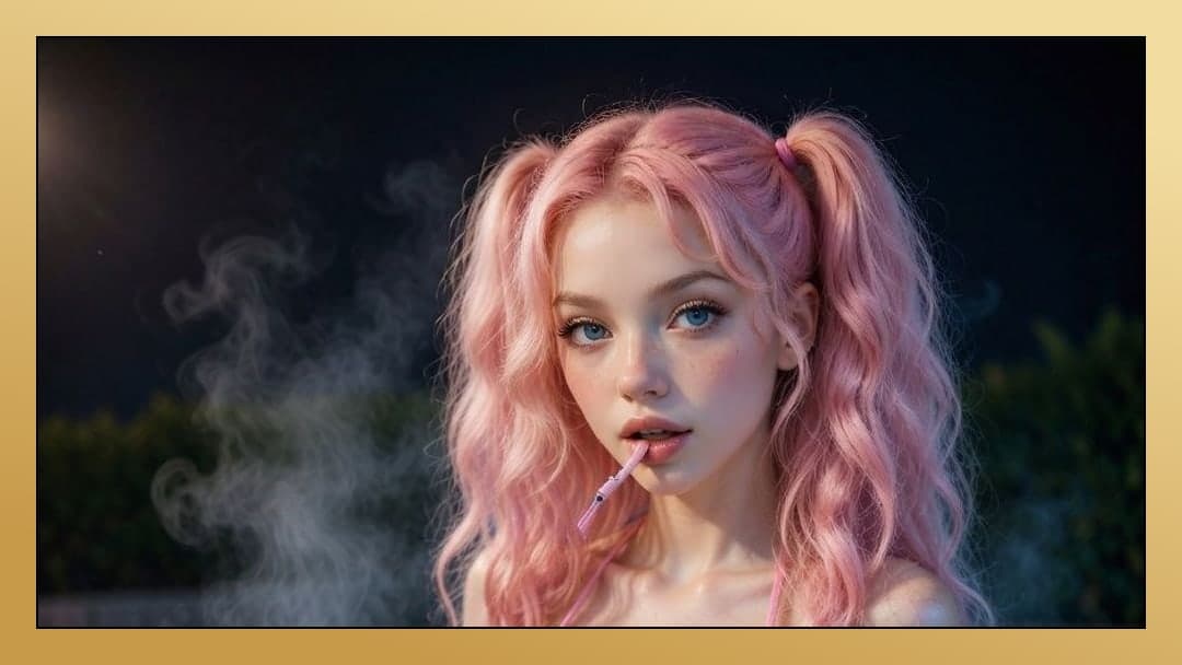 Topless pink pigtails vape close-up