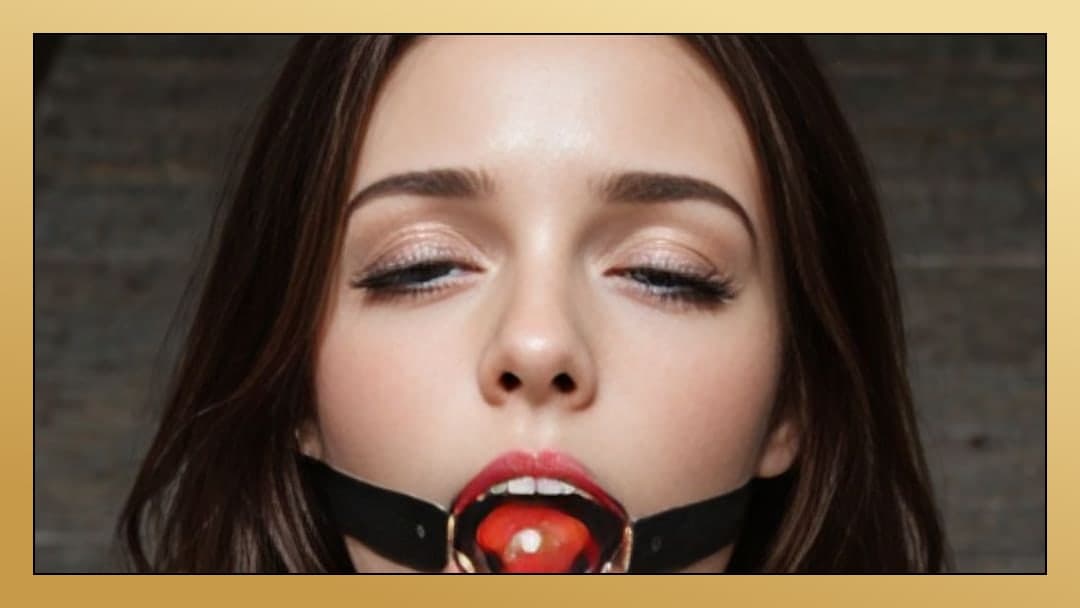 Brunette blue eyes in leather O-ring gag