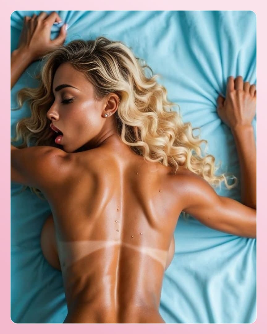 Oiled topless back on blue sheets