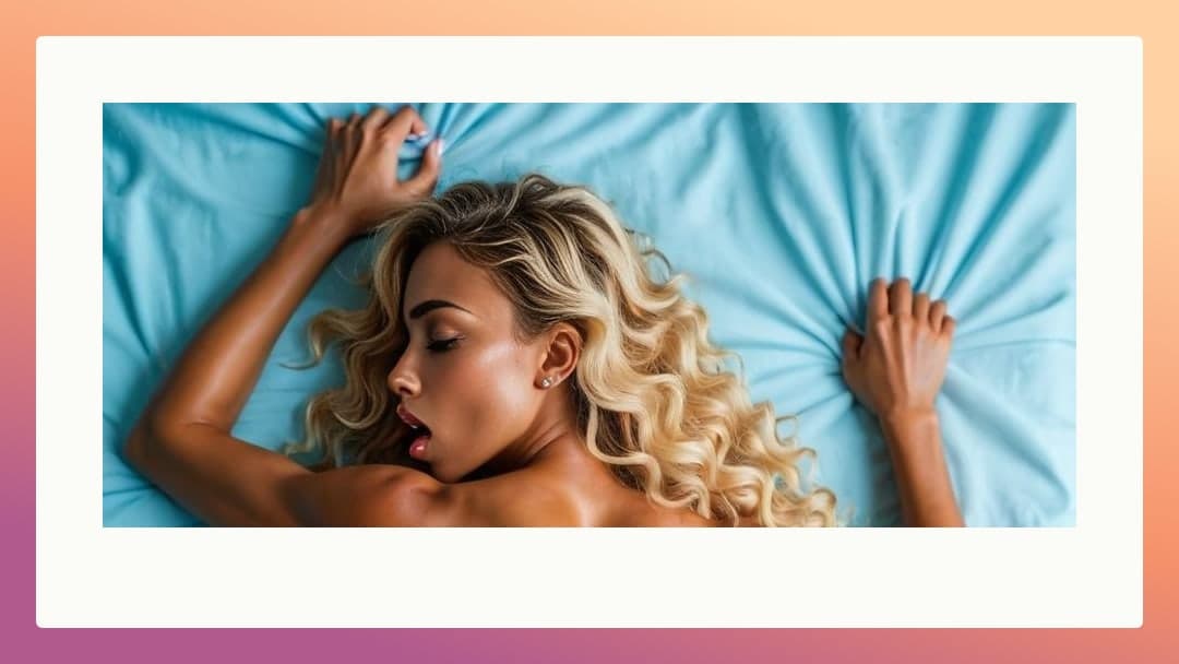 Topless blonde gripping sheets top-down