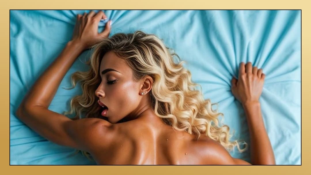 Busty blonde topless on sheets