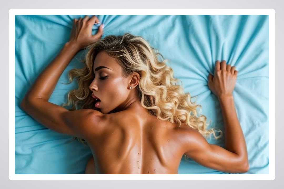 Topless back view on turquoise sheets