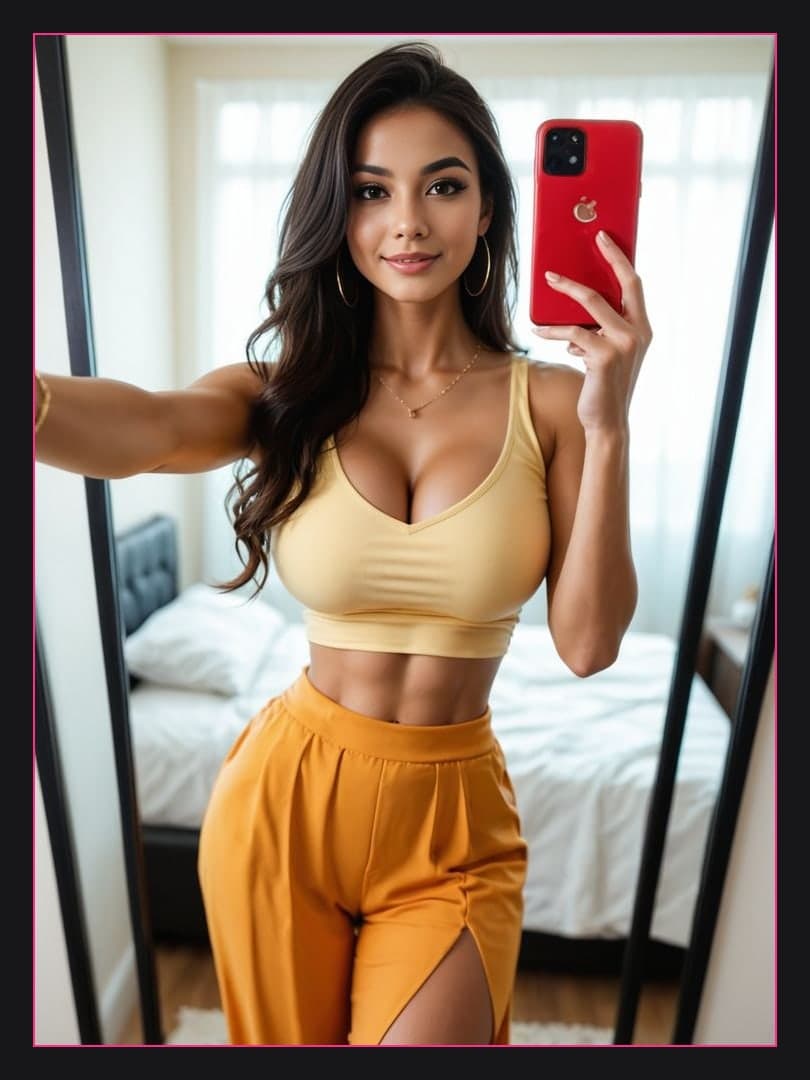 Raven hair mirror selfie bedroom