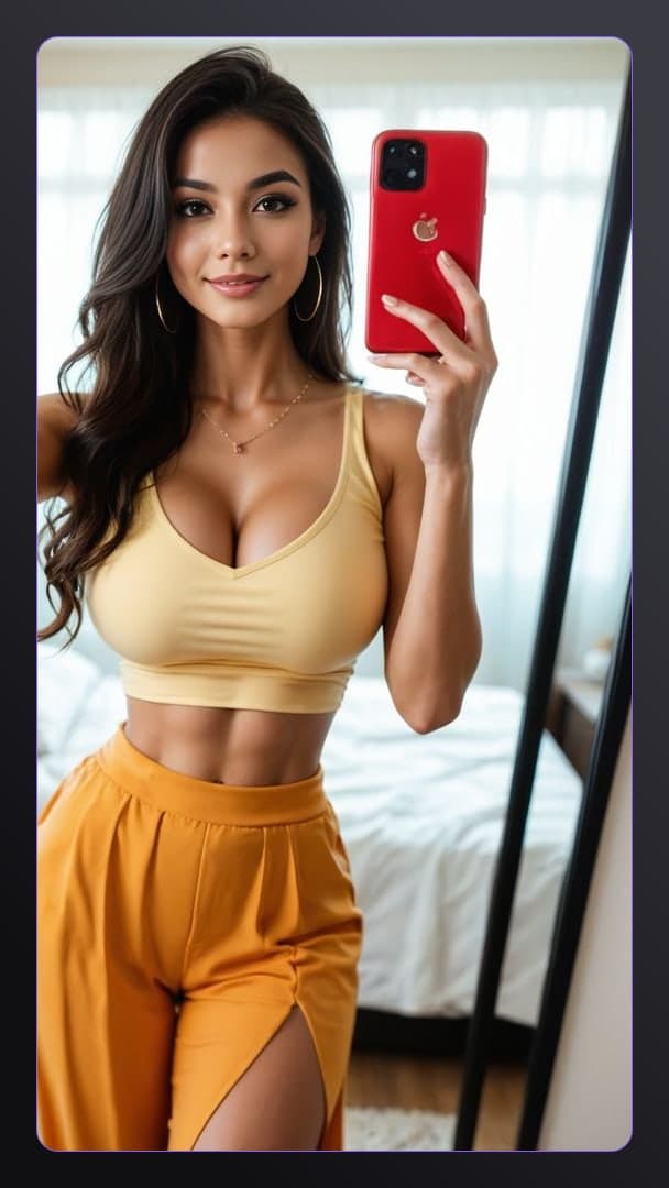 College Asian mirror selfie in yellow crop