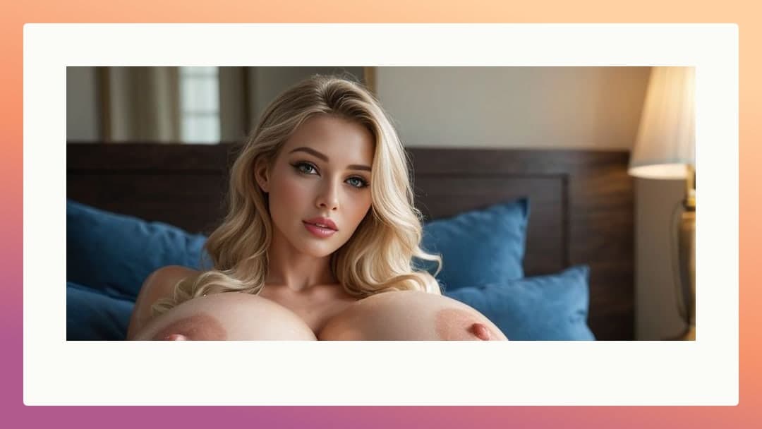 Topless blonde lying on blue pillows