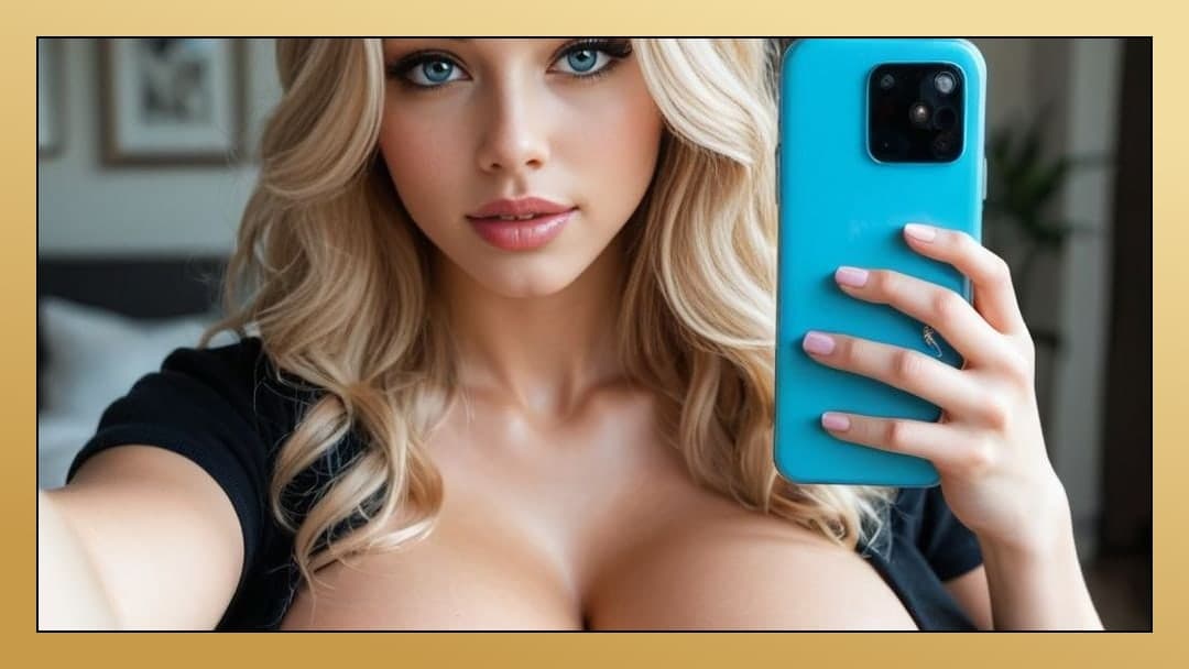 High angle cleavage selfie in bed