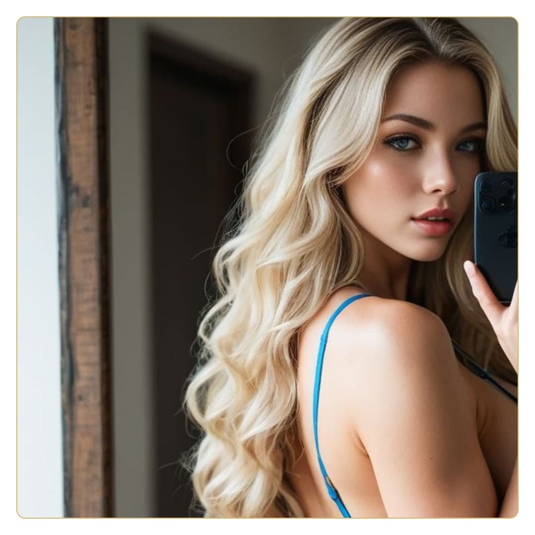 Over shoulder selfie in blue bra