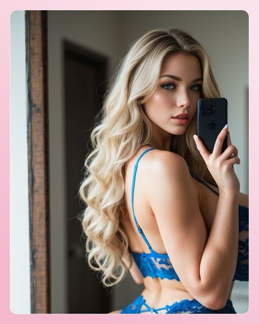 Blonde mirror selfie in blue lace