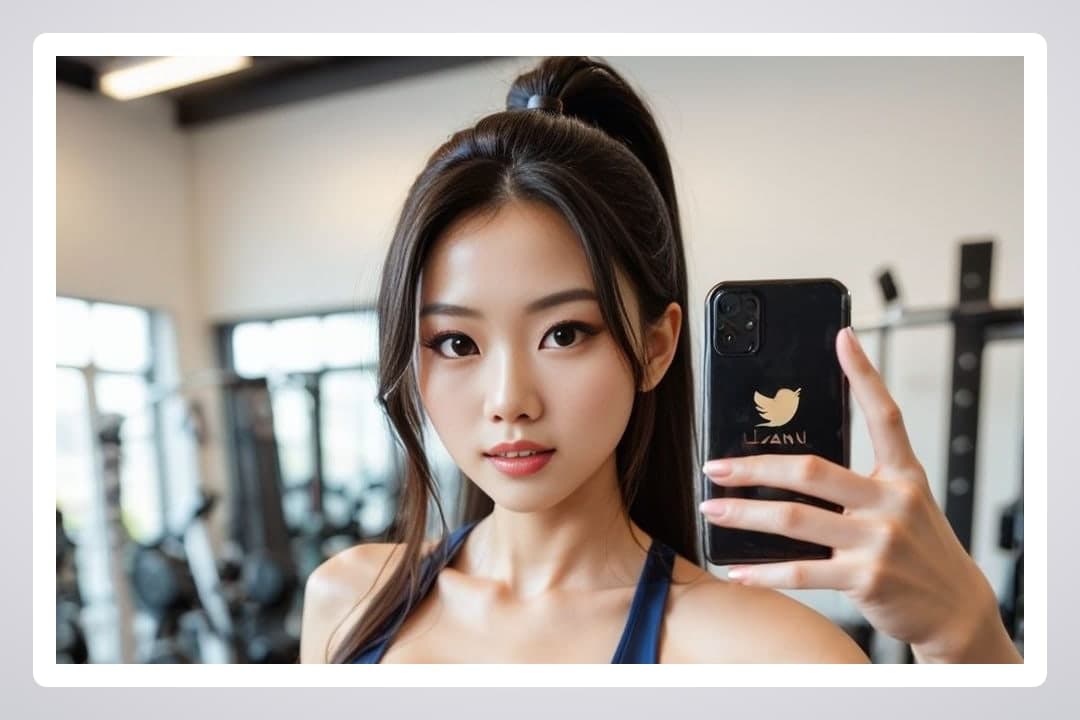 Asian fitness coach selfie in gym