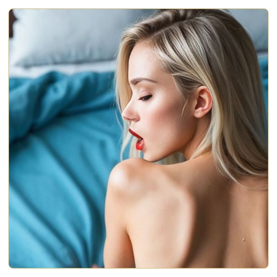 Blonde topless back on teal sheets