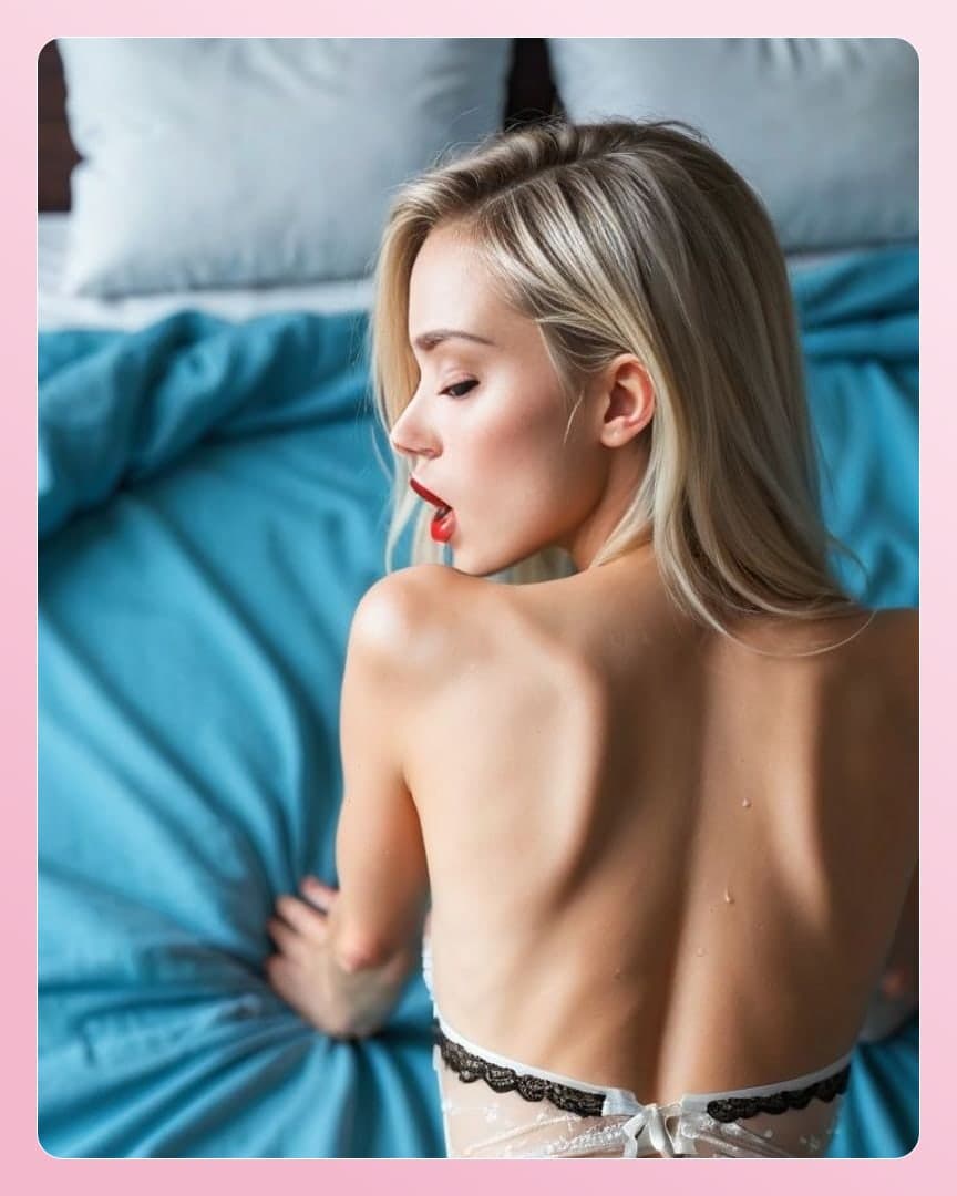Topless blonde over shoulder look
