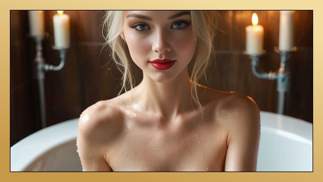 Blonde with blue eyes in candlelit tub