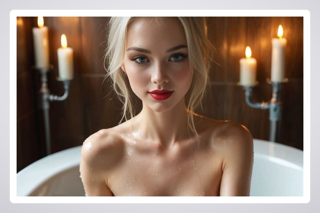 Topless in candlelit bathtub