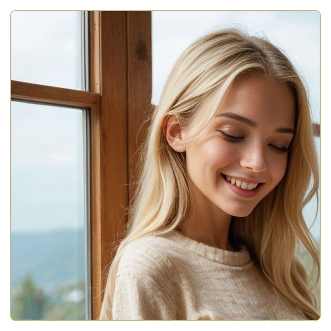 Slim blonde in beige knit sweater