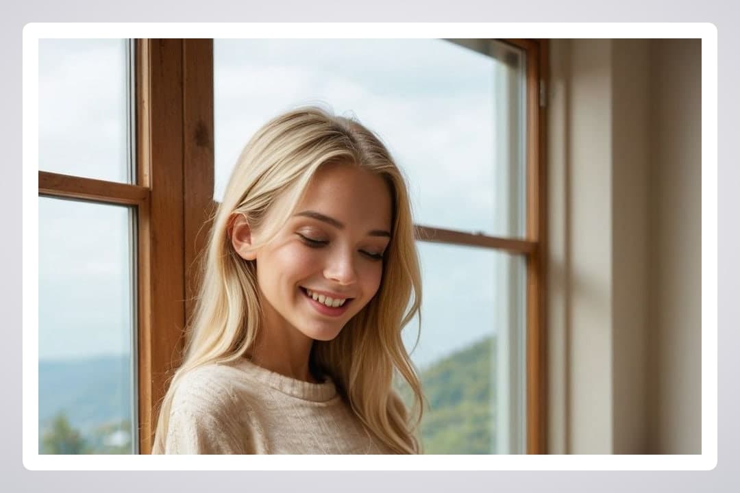 Blonde window portrait in knit sweater