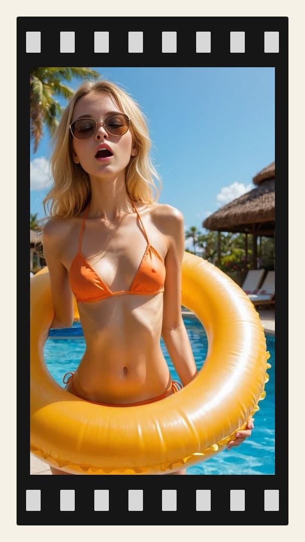 Blonde poolside in orange bikini