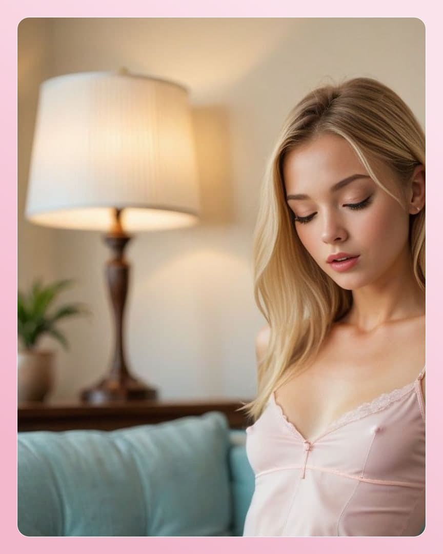 Blonde in pink satin camisole bedroom