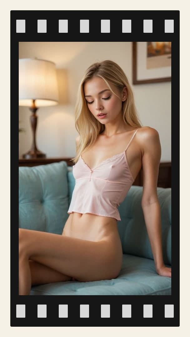 Pink satin camisole bedroom pose