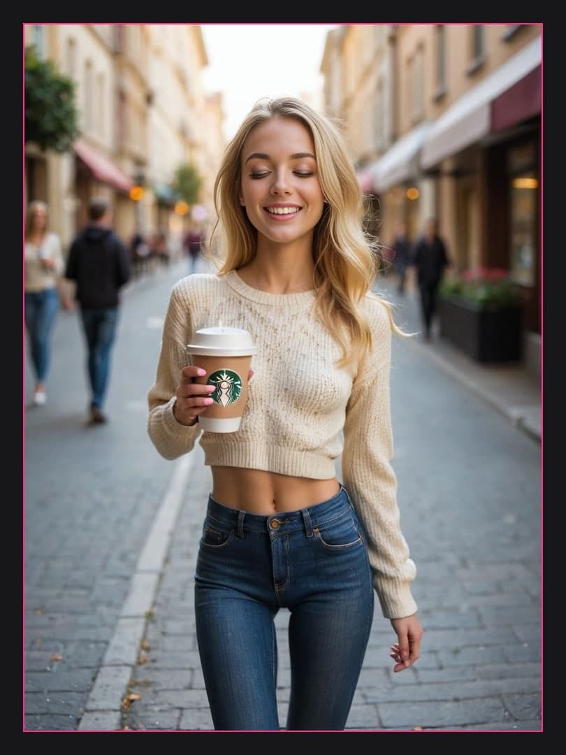 Blonde in beige sweater sidewalk