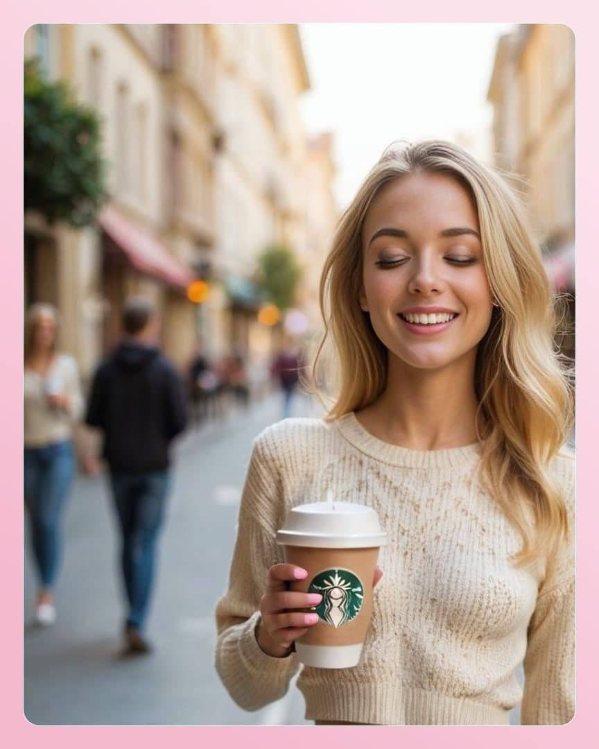 Blonde with coffee on sunny street
