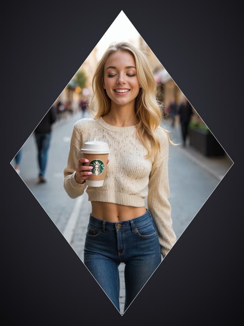 Blonde in beige sweater on street