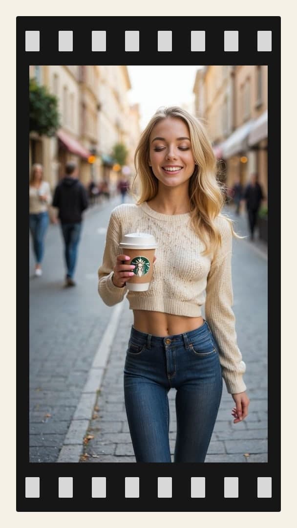 Blonde walking cobblestone street