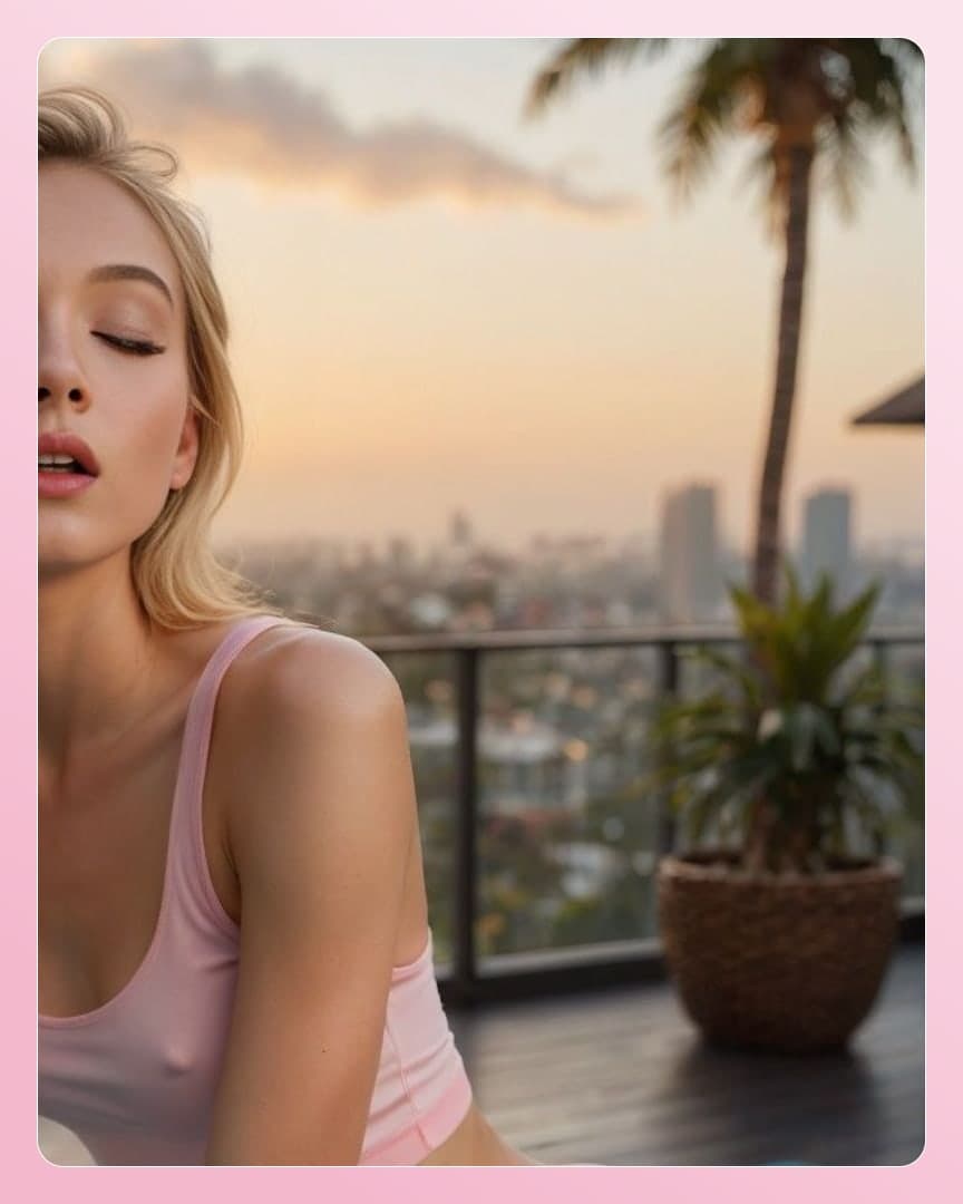 Blonde balcony sunset cleavage close up