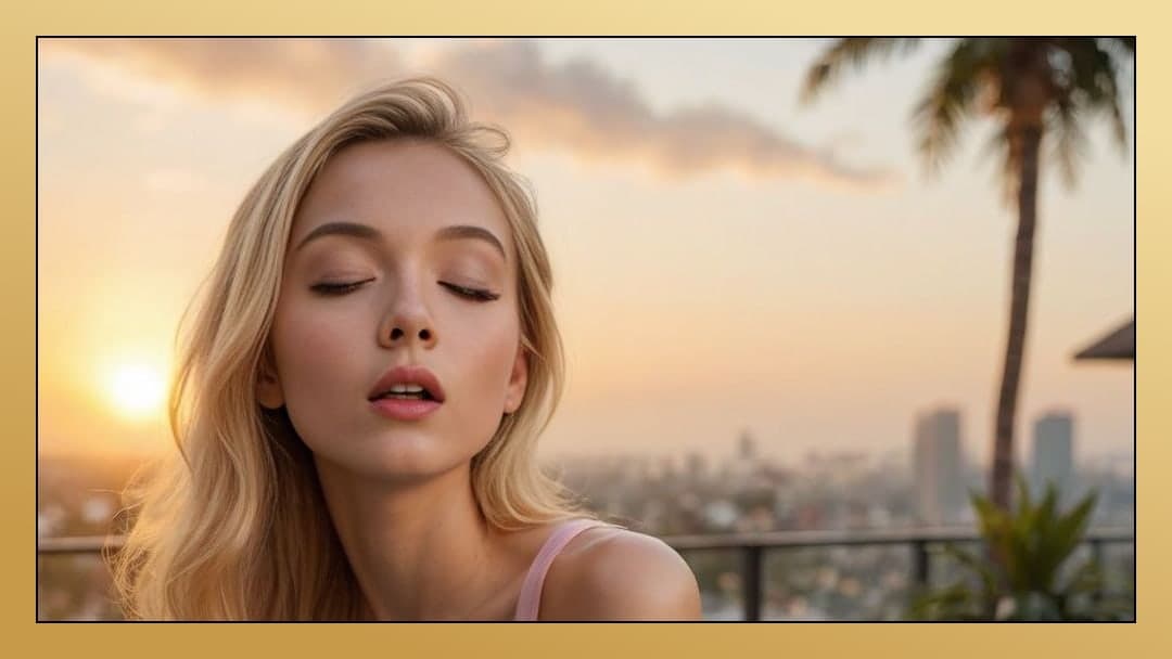 Blonde sunset balcony in pink tank