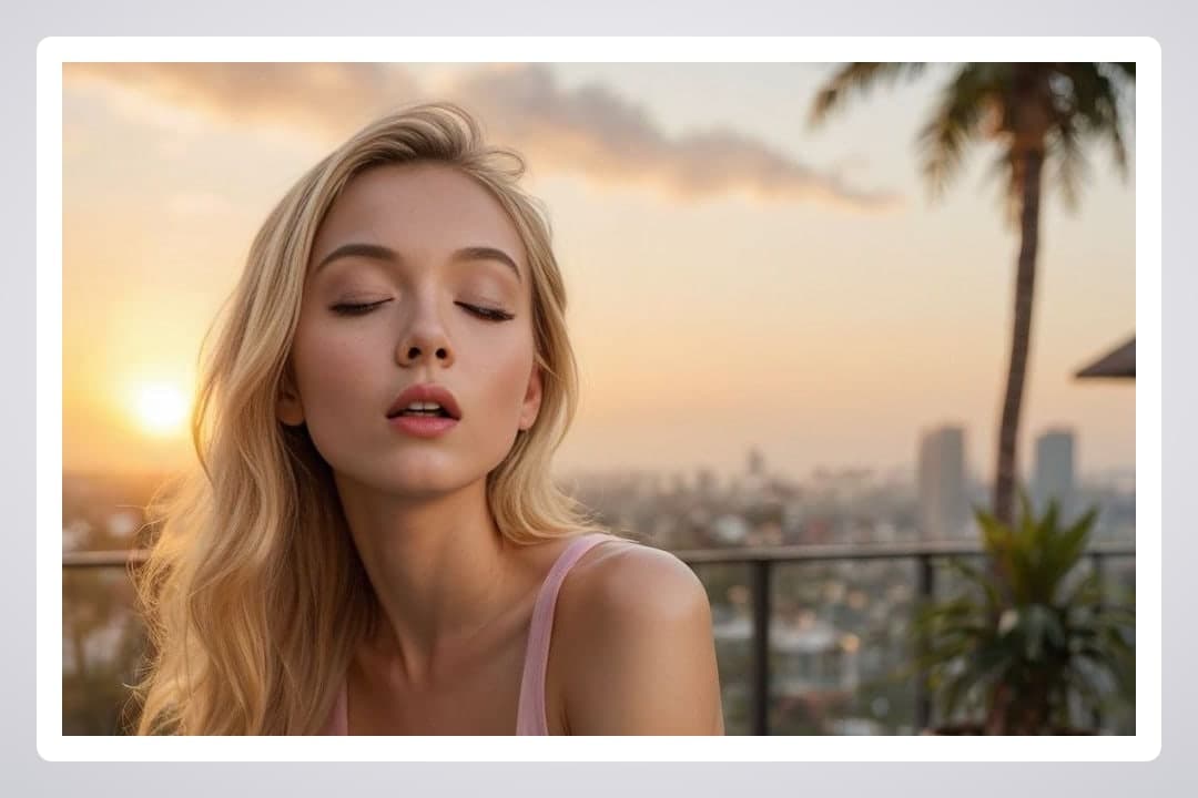 Blonde balcony sunset cleavage portrait